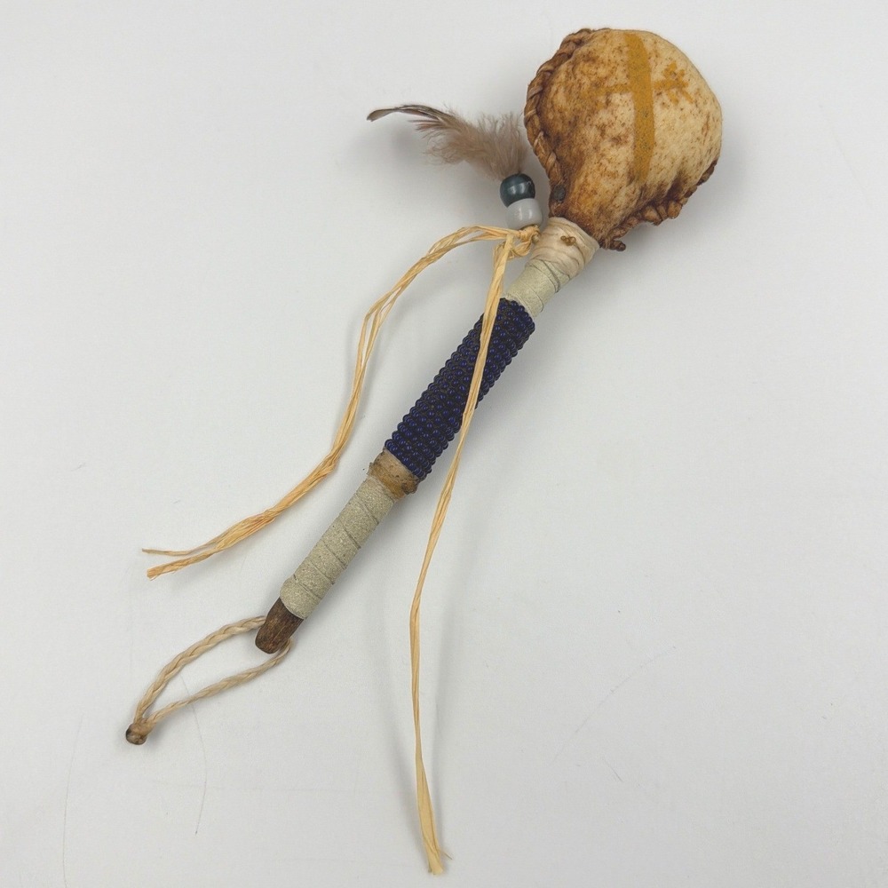 Native American Style Rawhide Shaman Dance Rattle Beaded Handle Ceremonial